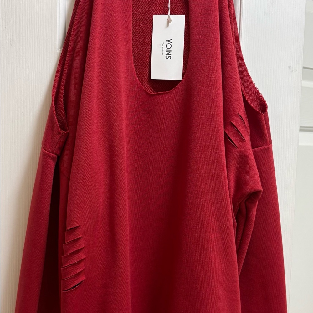 Red Distressed Cold Shoulder Top